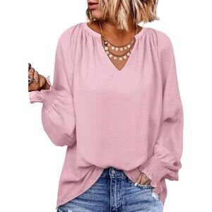 Womens Stylish & Elegant Smocked Long Sleeve V Neck Casual Chiffon Shirts Top